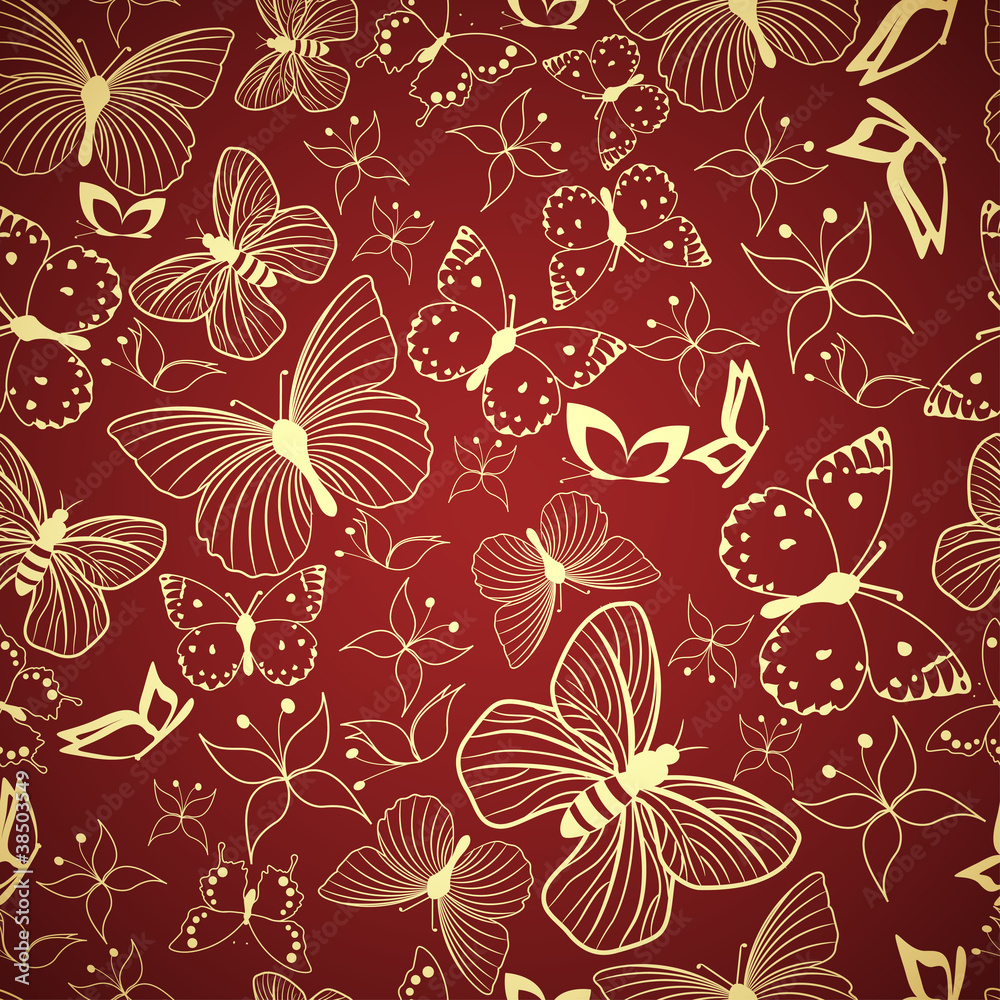 Fototapeta premium Seamless red pattern with stylized butterflies