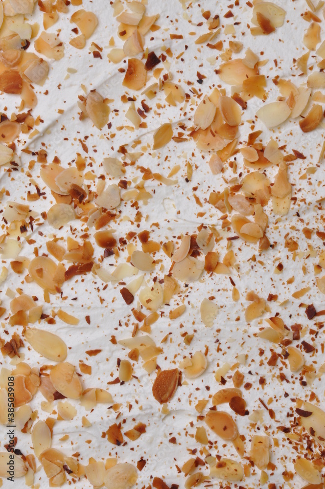 Card menu of desserts, roasted almonds on whipped cream Card menu of desserts, roasted almonds on whipped cream