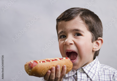 boy eating hot dog