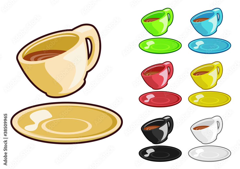 Cartoon tea cup with plate in different color variations Stock Vector |  Adobe Stock