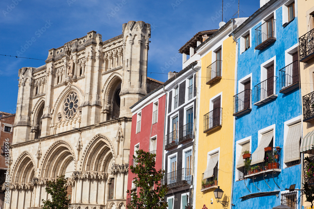 Colorful facades and Cathedral of Cuenca, Spain