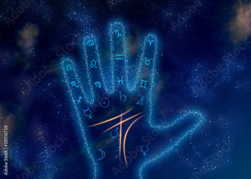 Glowing palm with astrological symbols on space background