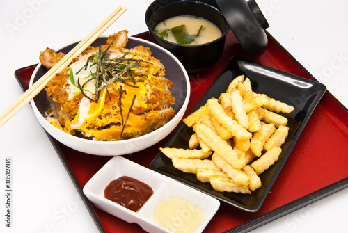 Bento, Japanese food style , fried chicken and  rice and soup an