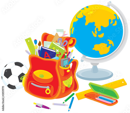 School satchel, globe, football
