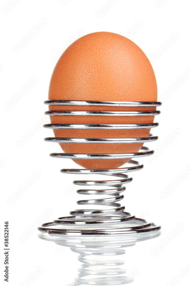 boiled egg in metal stand isolated on white boiled egg in metal stand isolated on white