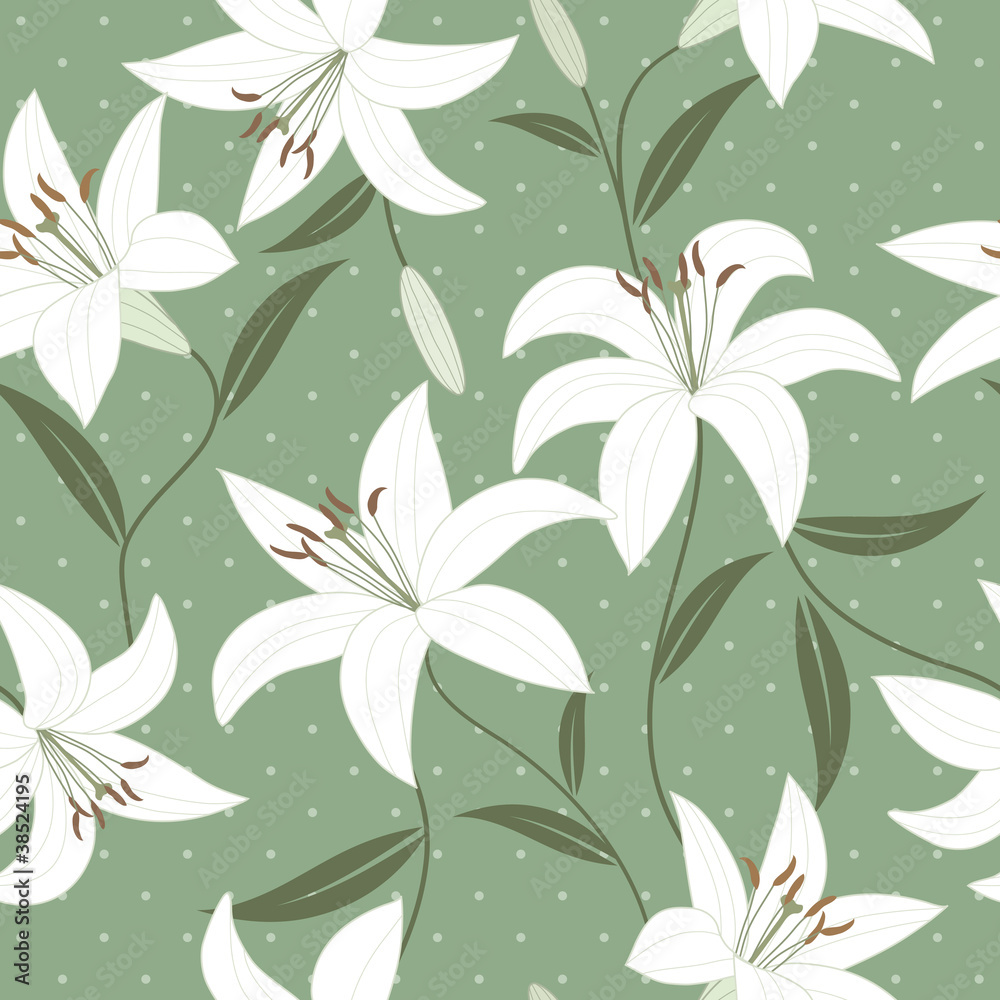 Seamless vector wallpaper with delicate green lilies