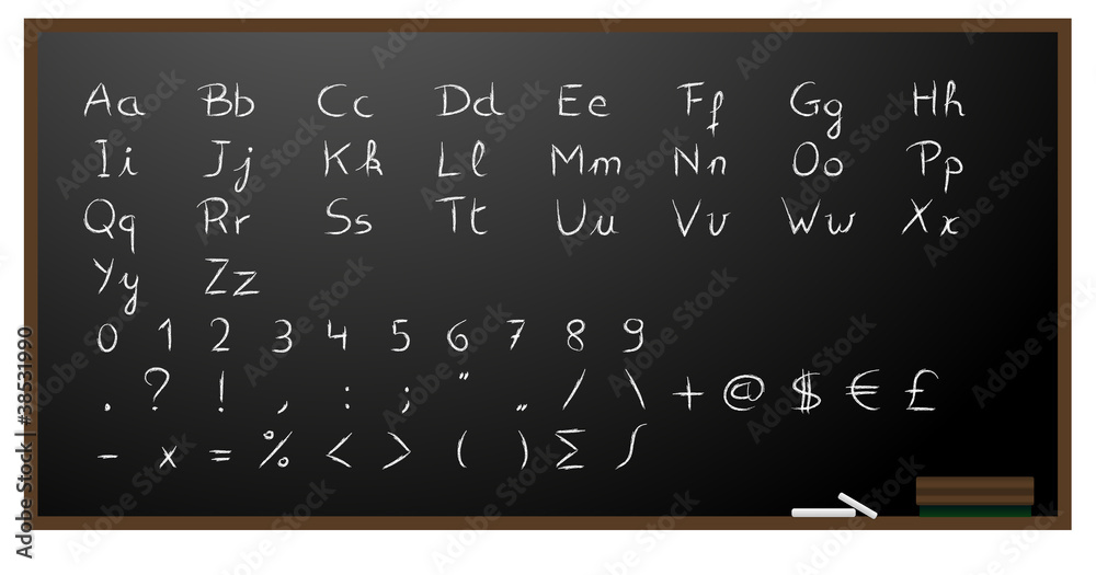 Blackboard background with alphabet, numbers and signs in chalk.