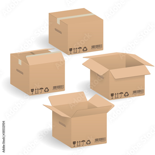 Closed and open Cardboard boxes