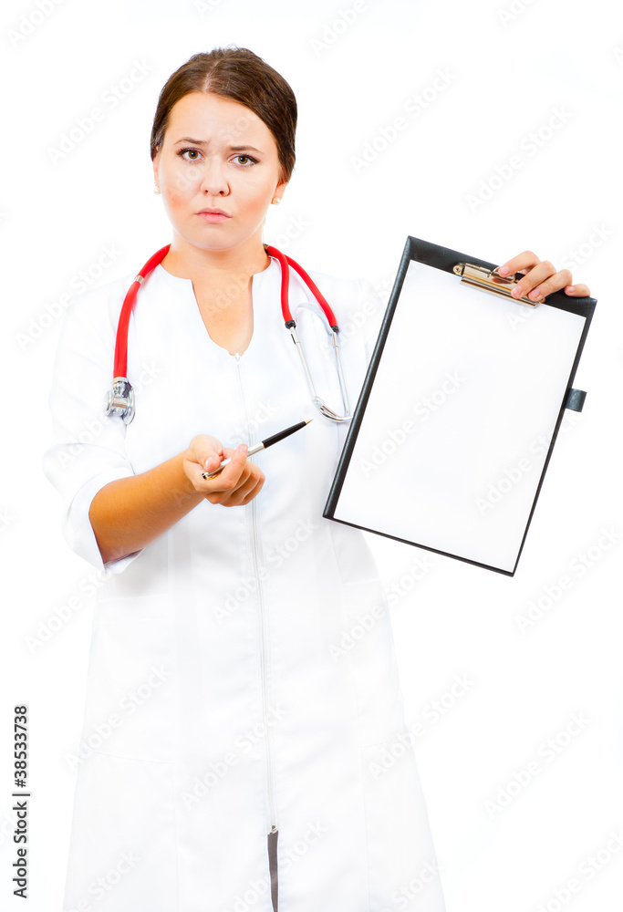 Medical cute woman doctor points to the file Medical cute woman doctor points to the file