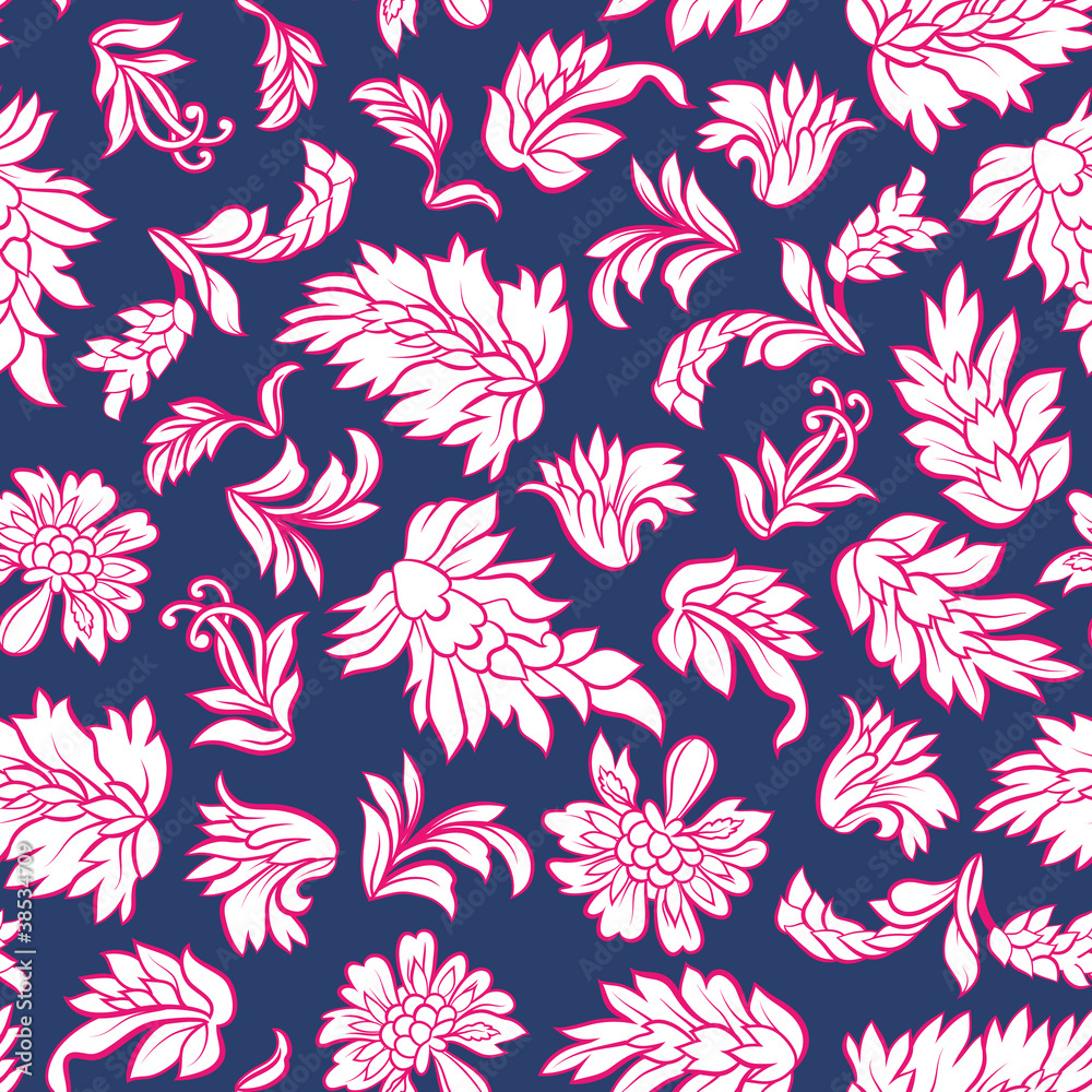 The outline flower and leafs on blue background. Seamless The outline flower and leafs on blue background. Seamless