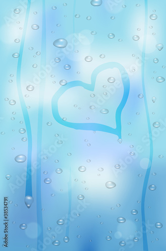 Raindrops on glass window - heart shape. Vector file.