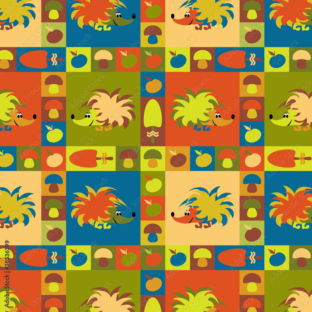 Funny colorful background with hedgehogs, apples and mushrooms