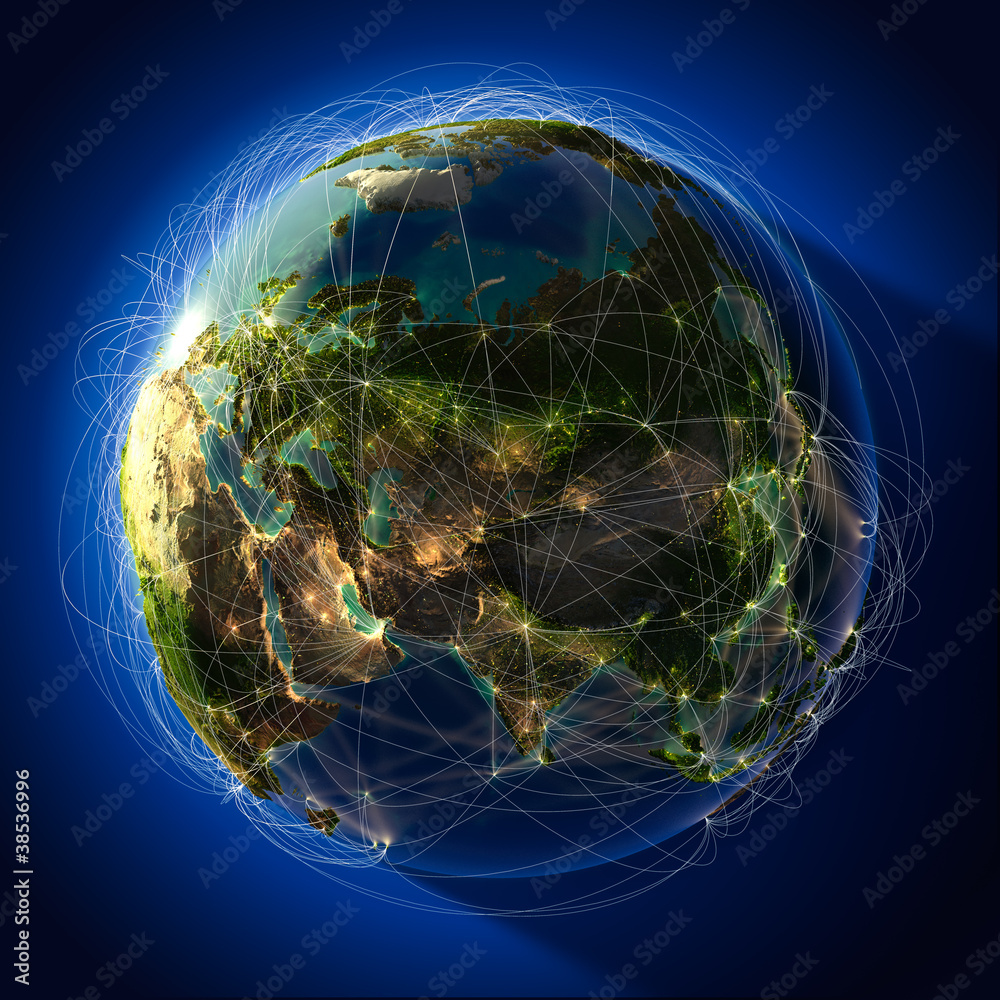 Fototapeta premium Major global aviation routes on the globe
