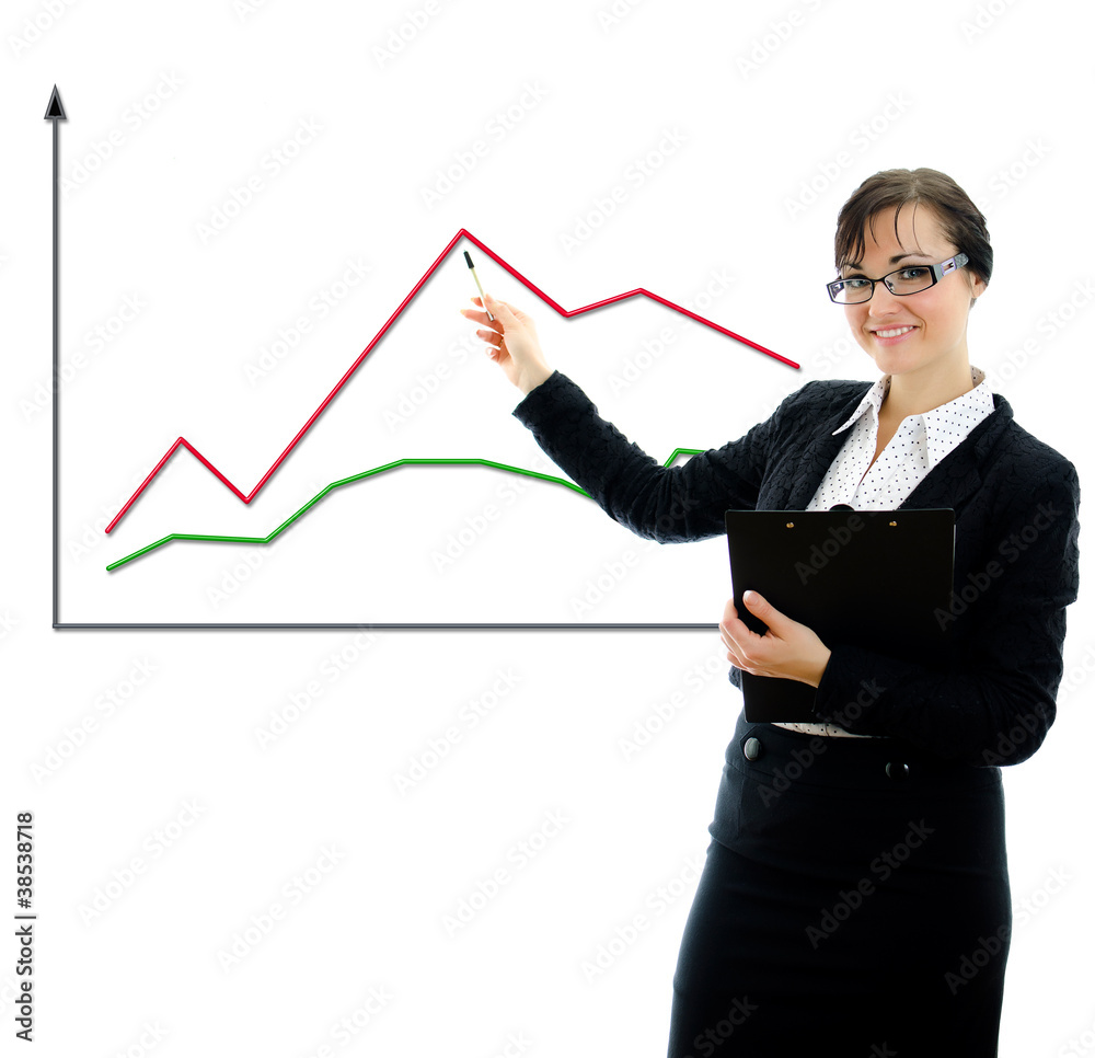 Business woman shows a graph. Isolated on white