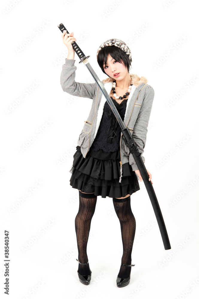 fashionable asian woman with japanese sword fashionable asian woman with japanese sword