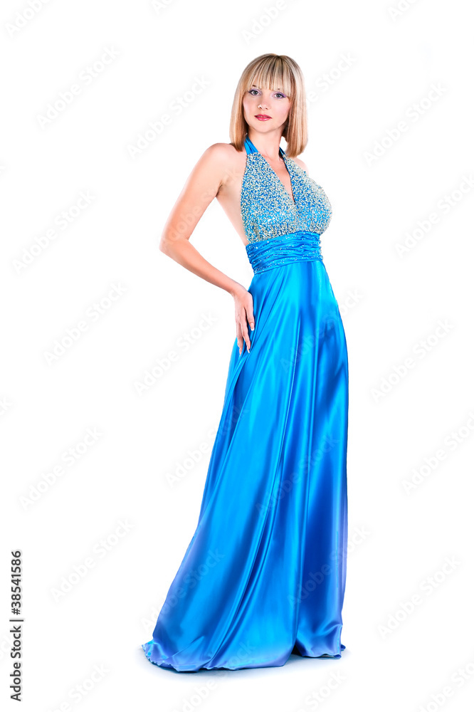 pretty young woman in blue gown isolated on white
