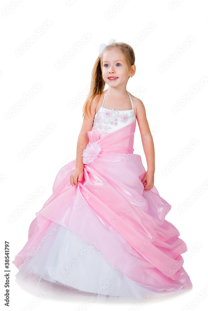 fashionable little girl in gorgeous gown isolated on white