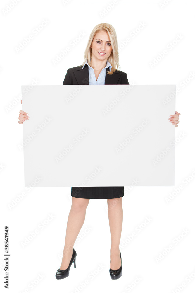 Cheerful businesswoman presenting empty board Cheerful businesswoman presenting empty board