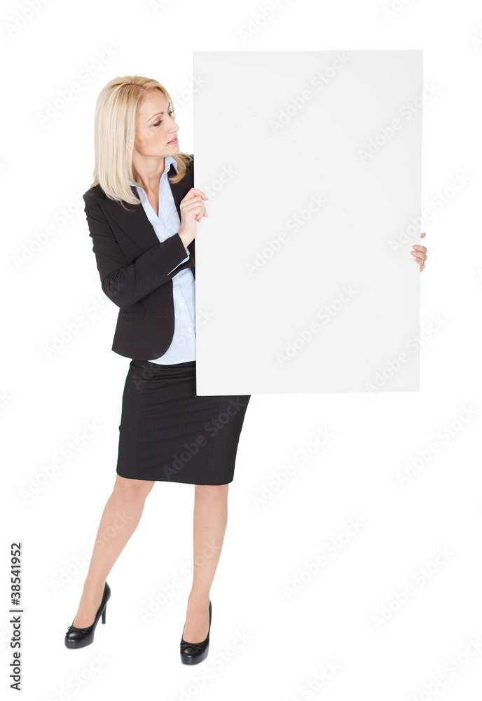 Cheerful businesswoman presenting empty board Cheerful businesswoman presenting empty board