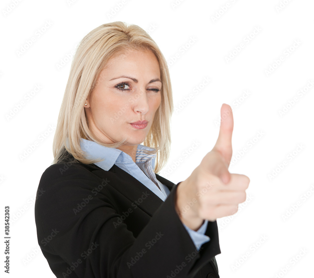 Beautiful business woman making a gun gesture Beautiful business woman making a gun gesture