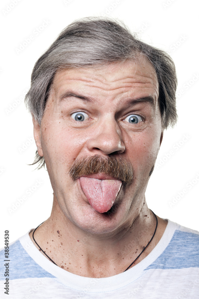 funny mature man shows tongue isolated on white background funny mature man shows tongue isolated on white background