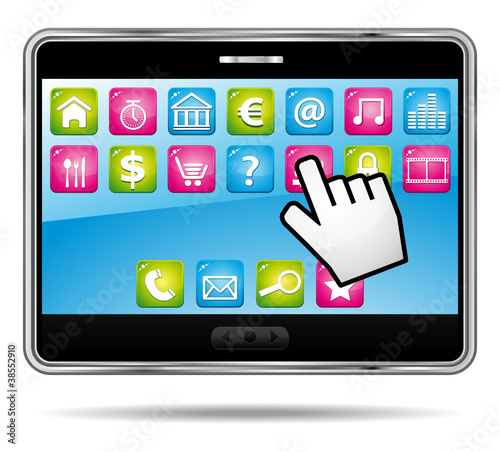 Digital tablet with apps and hand cursor.