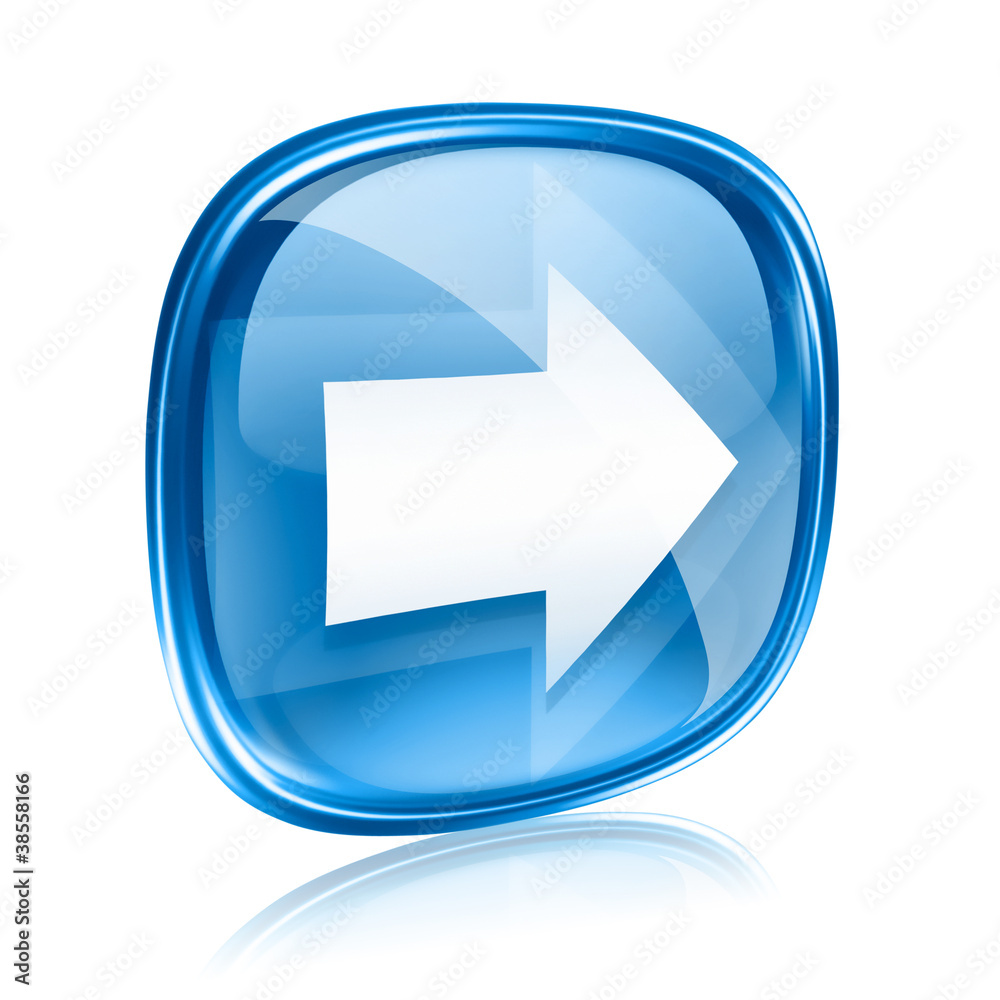 Arrow right icon blue glass, isolated on white background.