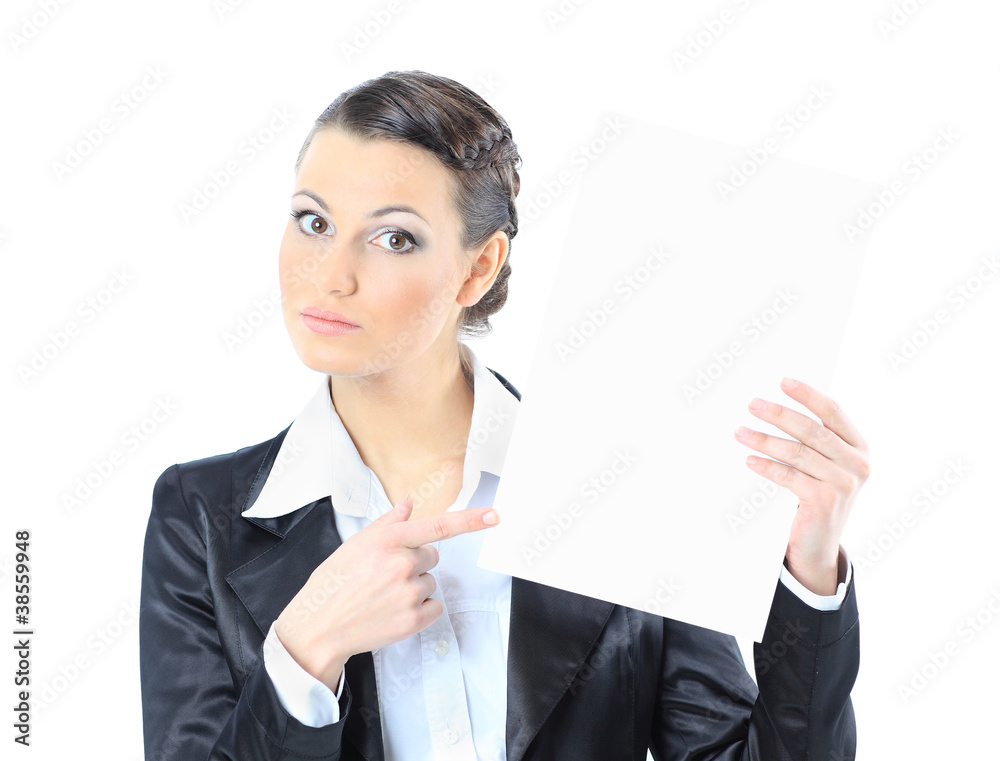 Nice business woman with a white banner. Nice business woman with a white banner.