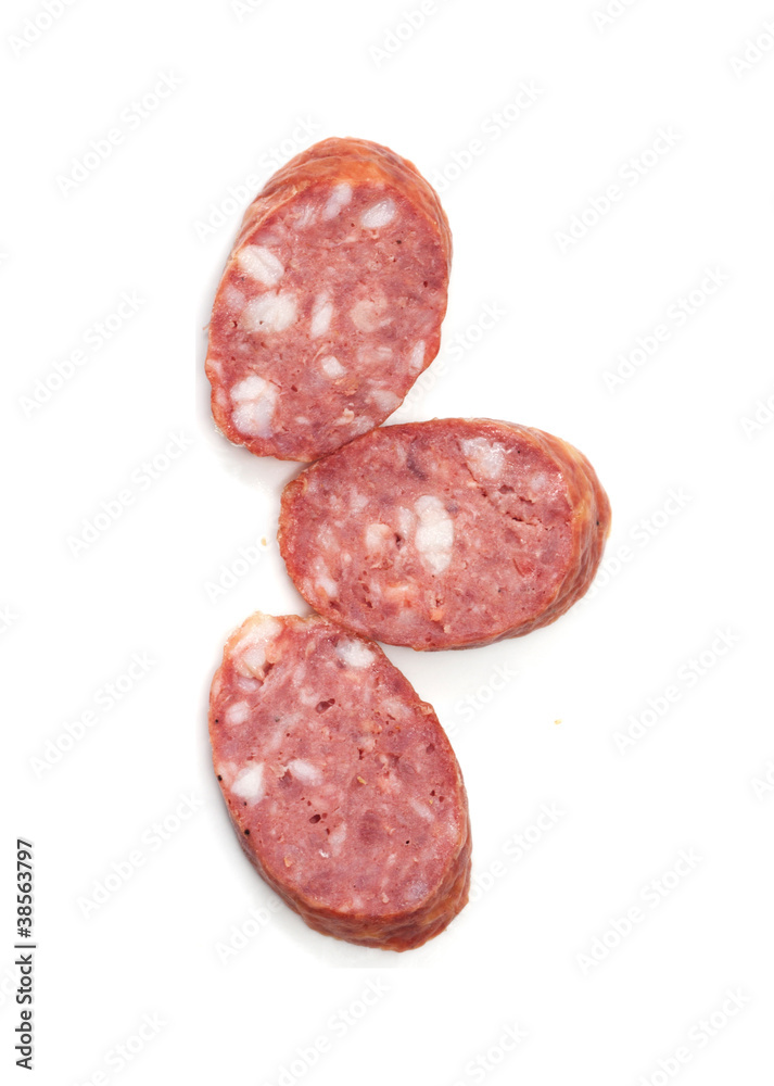 Three pieces of the sausage on white background Three pieces of the sausage on white background