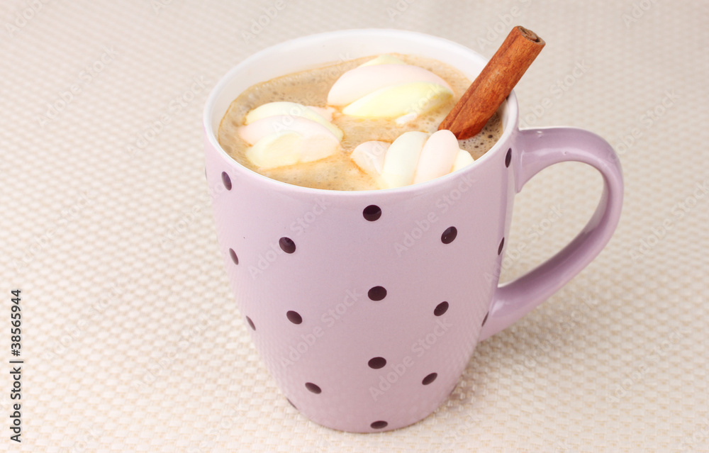 Cup of cappucino with marshmallows and cinnamon