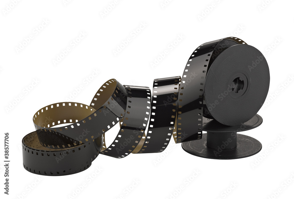 old 8mm cine film and reel; isolated on white