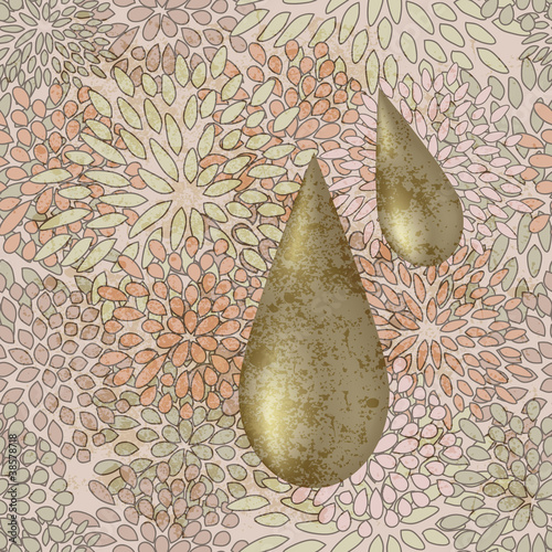 vector golden liquid drops on  seamless floral background