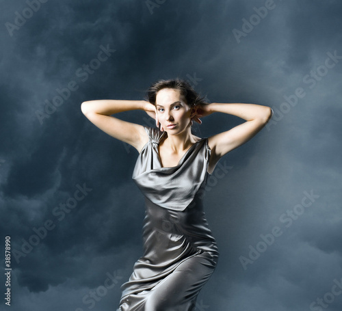 young woman in grey evening dress.