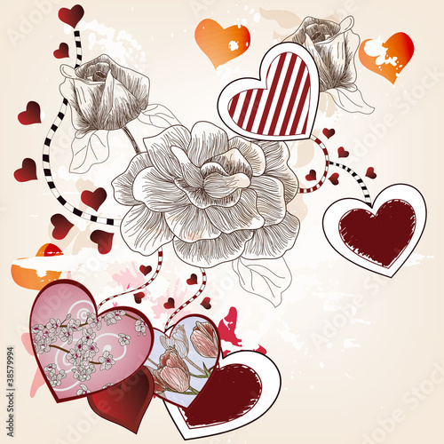 cartolina di san valentino con rose e cuori