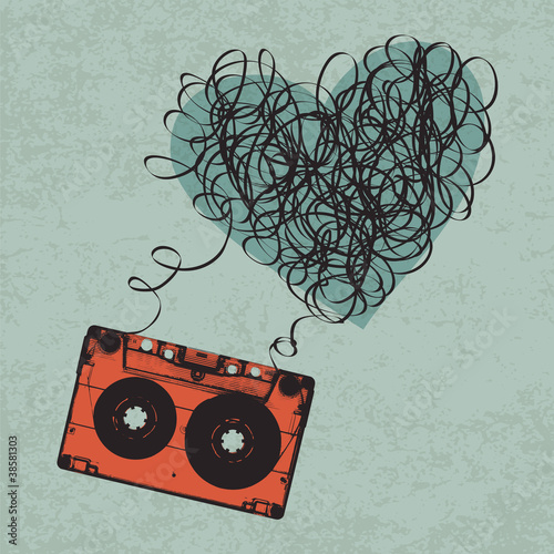 Vintage audiocassette illustration with heart shaped messy tape.