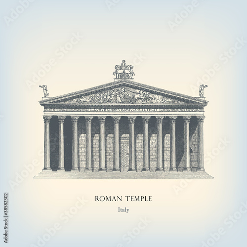 Engraving vintage Roman temple.