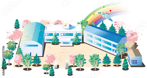 学校とグラウンドと体育館と桜
