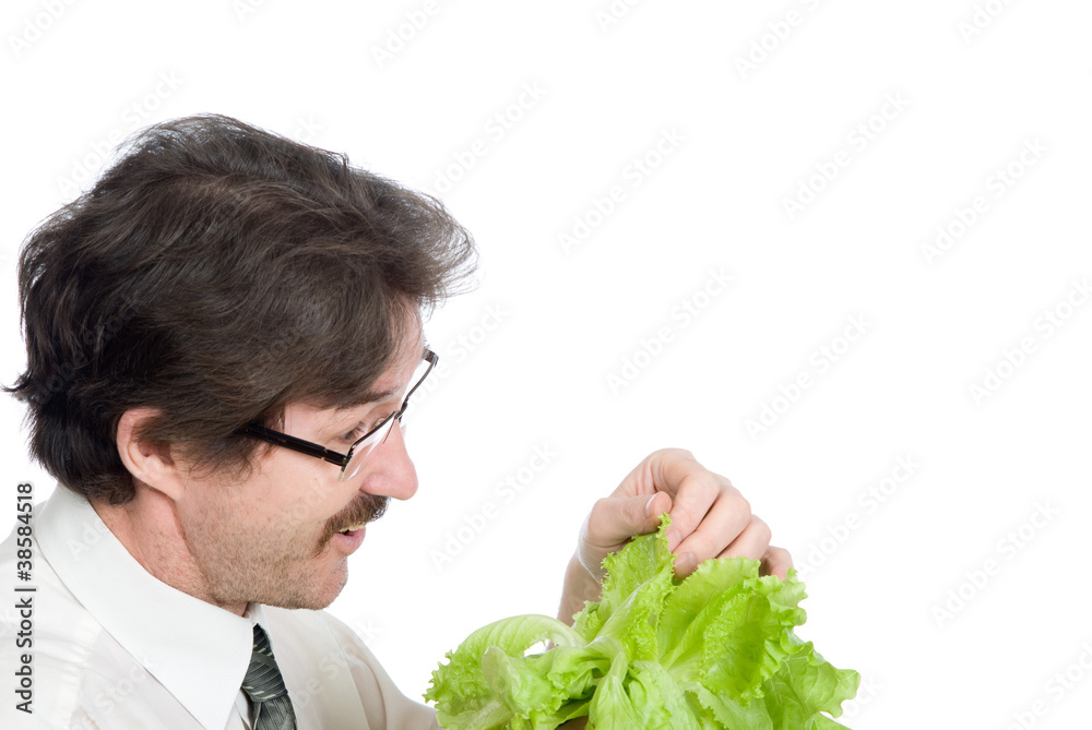 Man rejoices sheet of the salad Man rejoices sheet of the salad