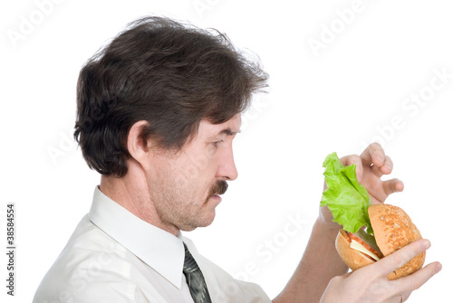 Man will get from hamburger sheet salad