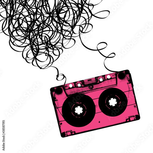 Audiocassette tape with tangled. Vector illustration.