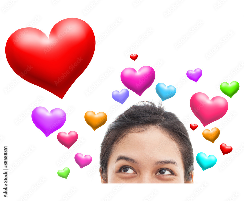 Portrait of funny face and many red heart Portrait of funny face and many red heart