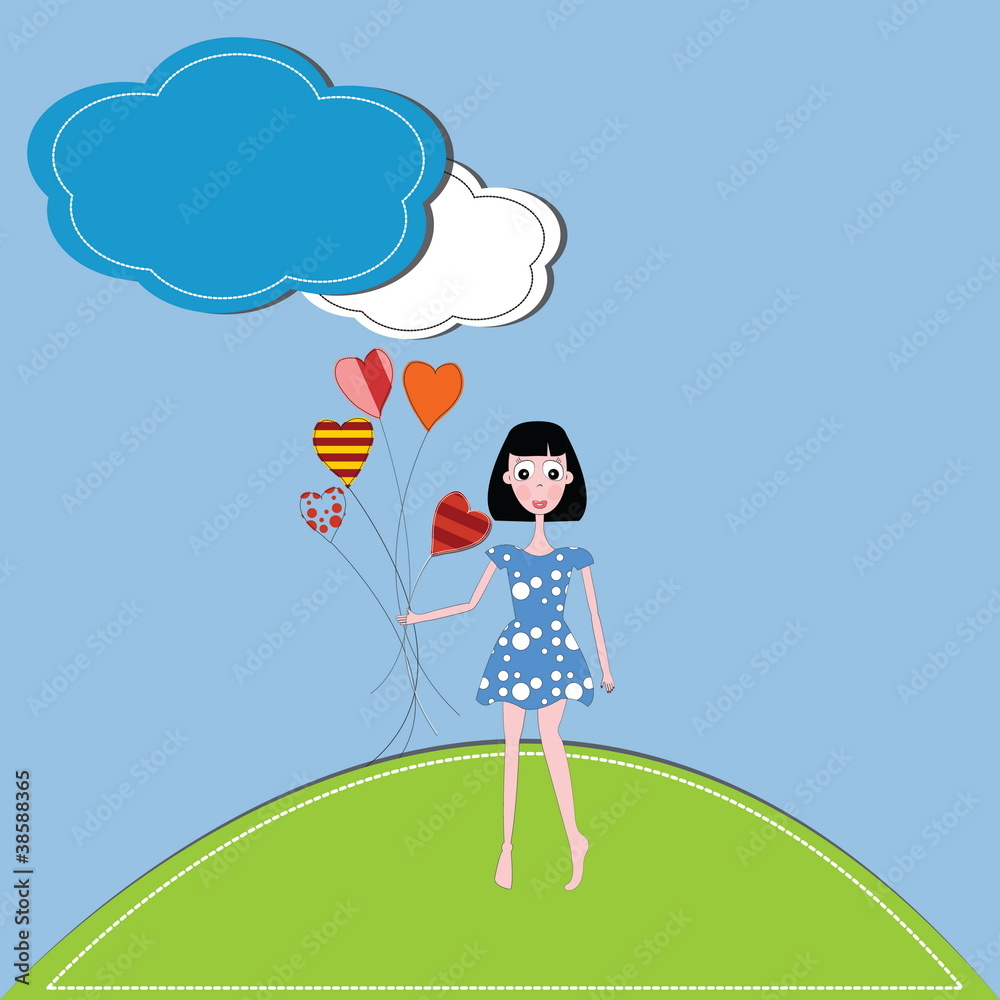 vector illustration girl and hearts against a blue sky and clou vector illustration girl and hearts against a blue sky and clou