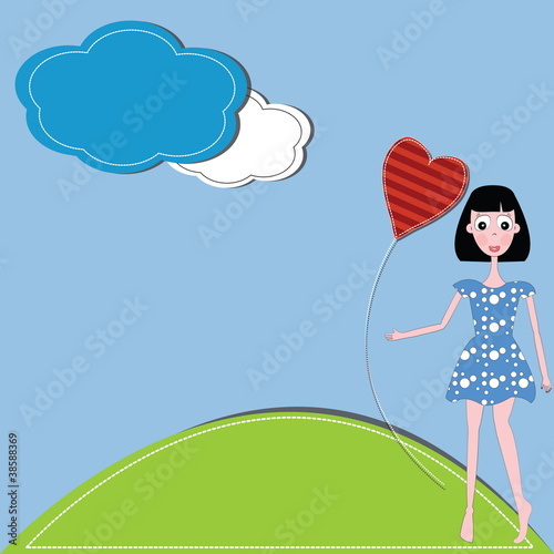 vector illustration girl and hearts  against a blue sky and clou