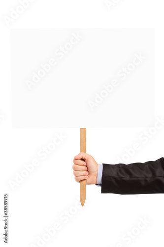 Male hand holding blank banner