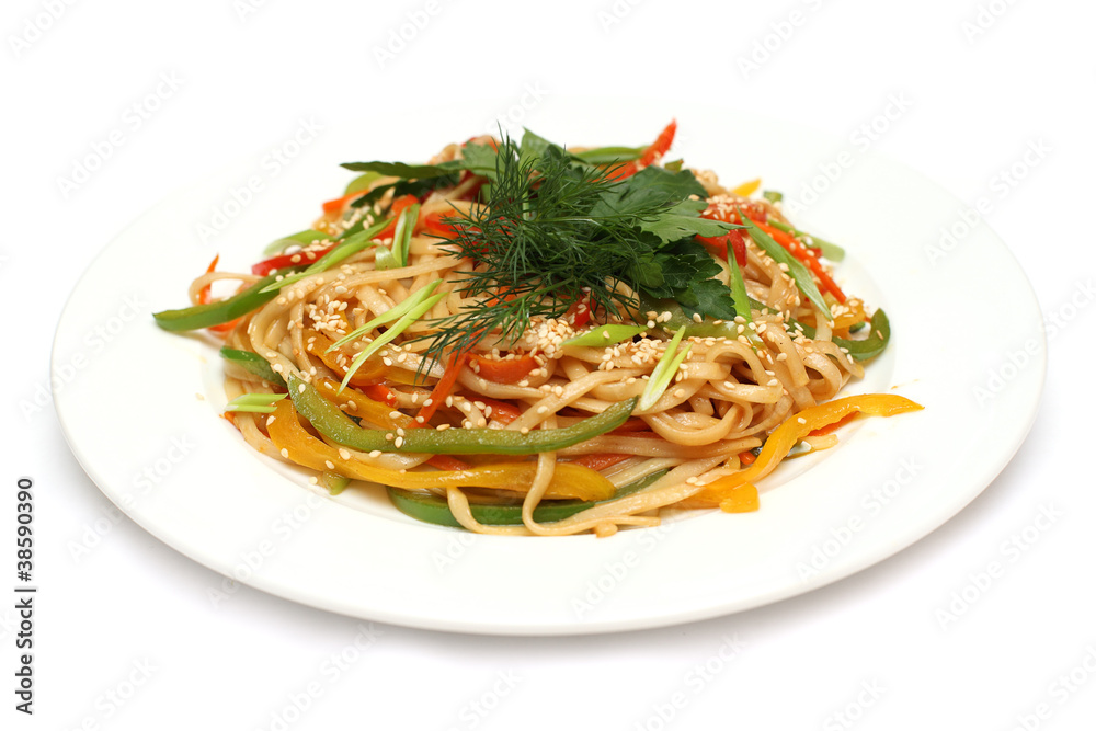 Noodles with vegetables isolated on white