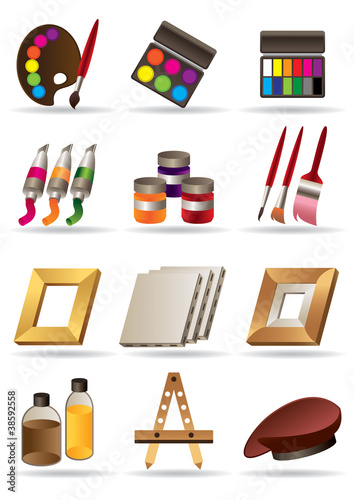 Painting materials  and tools for artists icons set