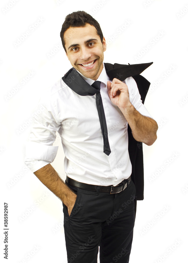 Portrait of a smiling businessman holding his coat on shoulder Portrait of a smiling businessman holding his coat on shoulder