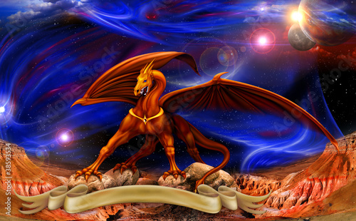 Fototapeta Dragon in space over the parchments