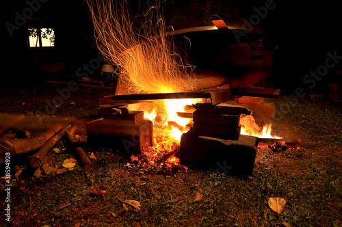 Pot at fireplace - making of jam