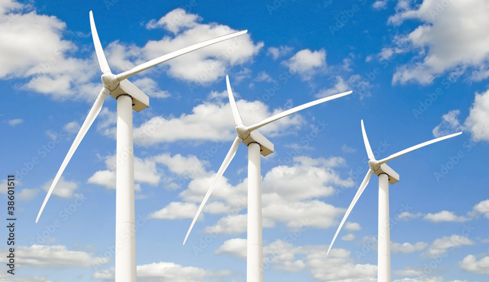 Three wind turbines -  against the sky - obrazy, fototapety, plakaty 